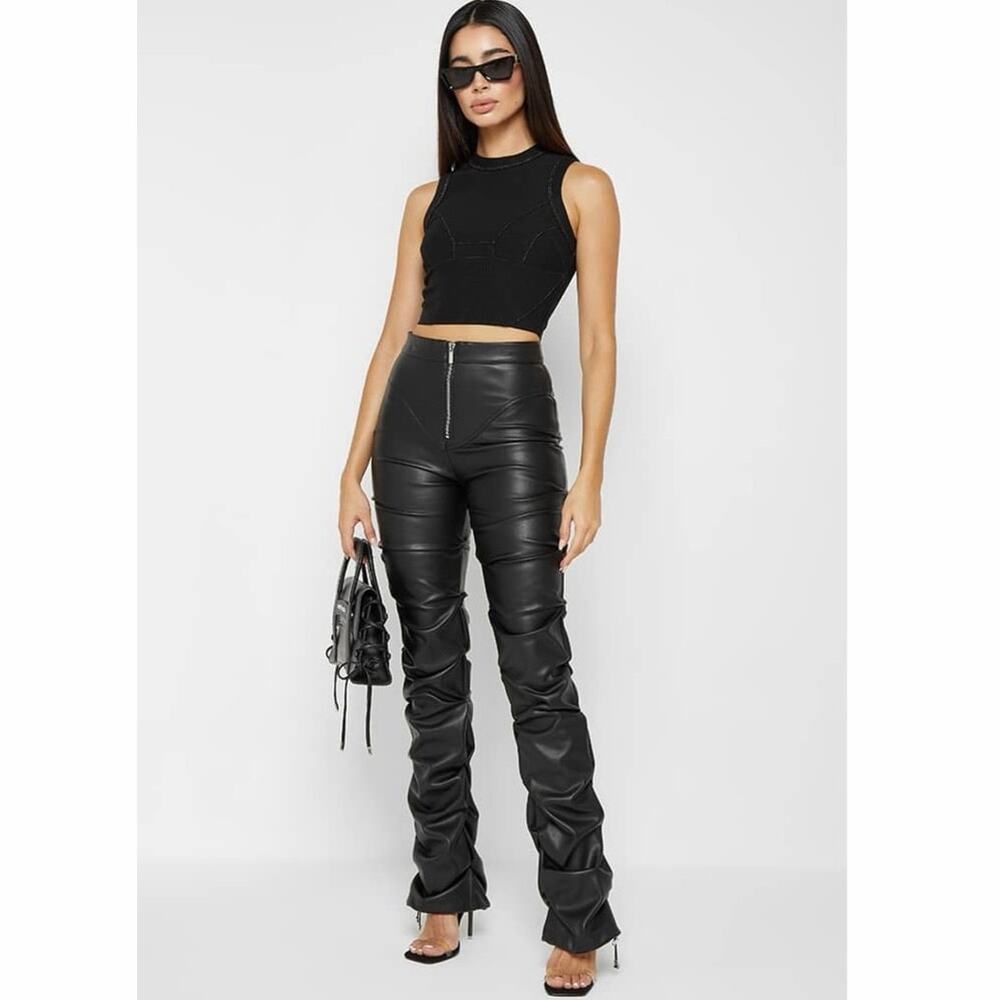 Manière De Voir Tacked Leather Flared Pants Black Size 8 Ruched Faux Leather